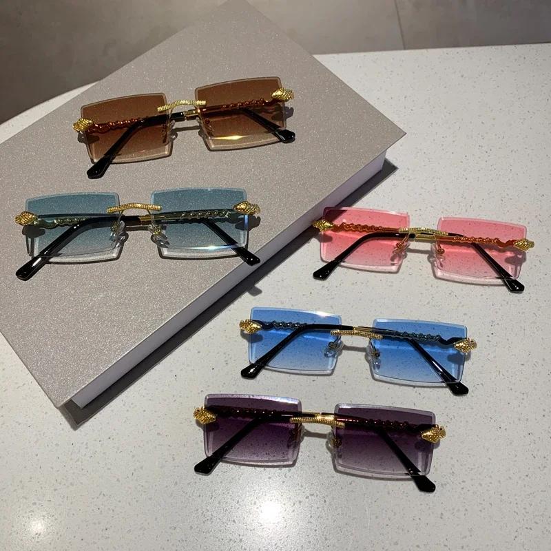 Twisted Snake Leg Gradient Sunglasses for Men Women Luxury Rimless Rectangular Sun Glasses Outdoor UV400 Summer Travel Eyewear