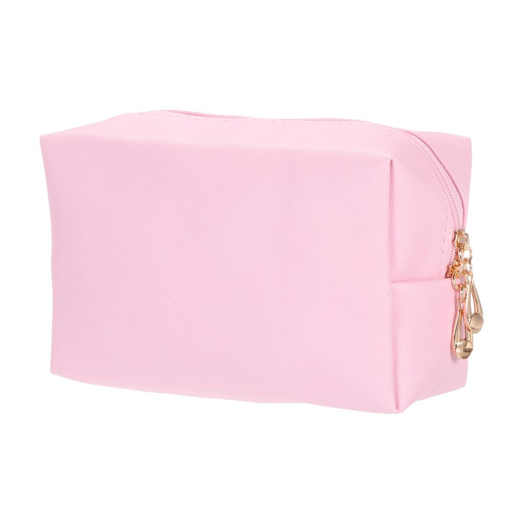 uxcell PU Leather Square Makeup Waterproof Cosmetic Organizer Bag with Makeup Brush Holder for Women Pouch, Zipper, (Pink, Small)