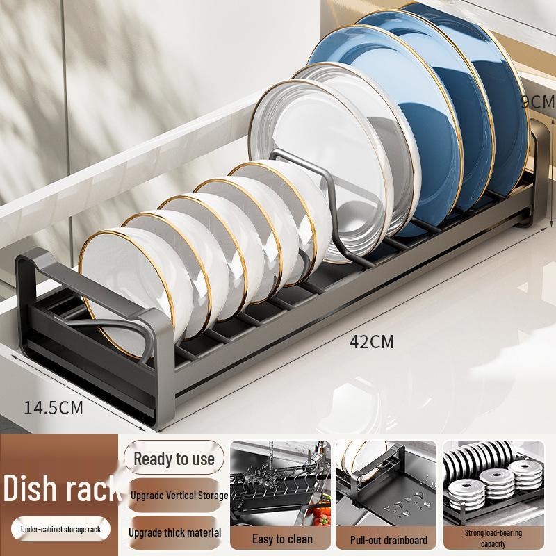 Ausziehbarer Geschirrständer aus Edelstahl mit eingebauter Schublade und Abtropfgestell