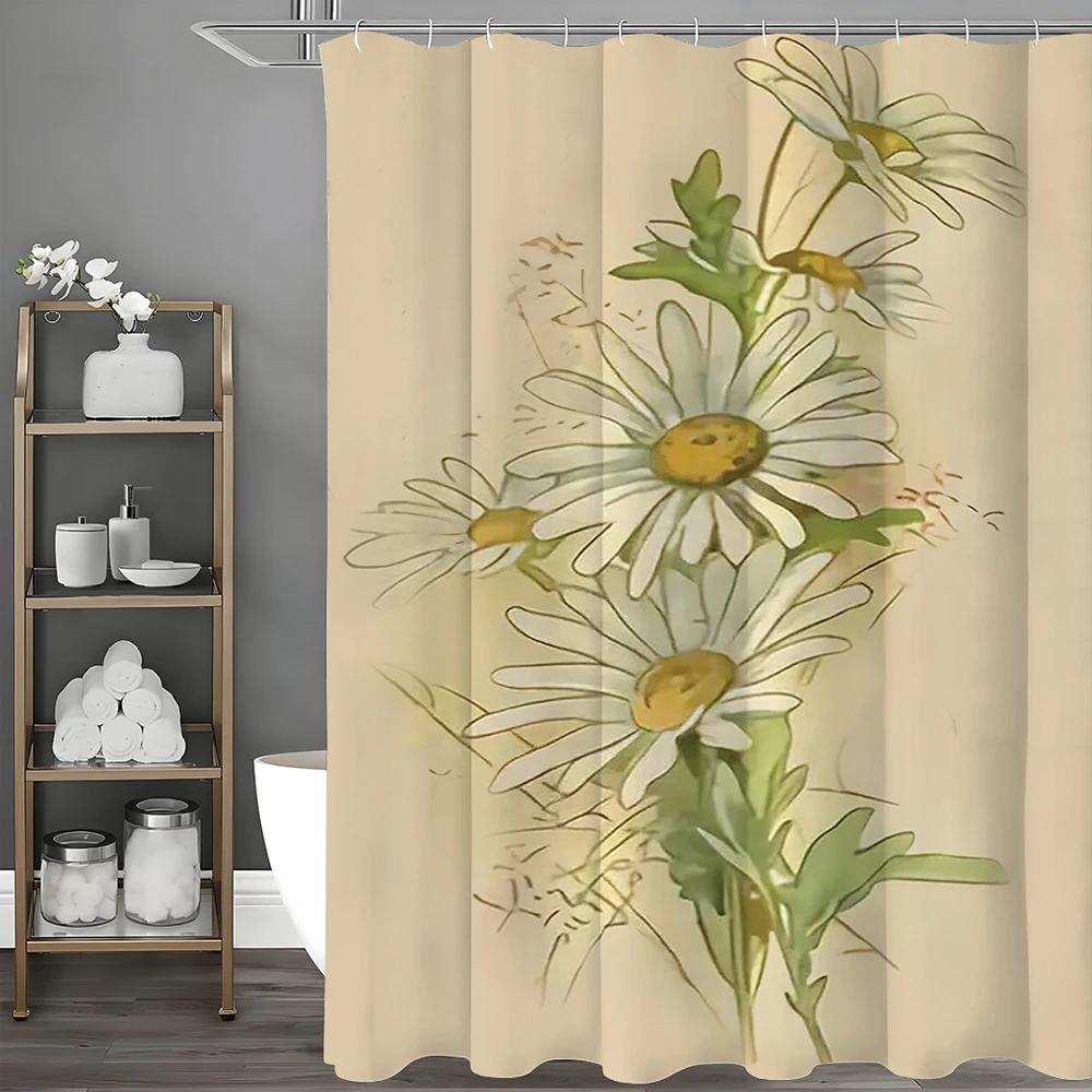 Small Daisy Flower Shower Curtain - Waterproof Bathroom Decor with Hooks