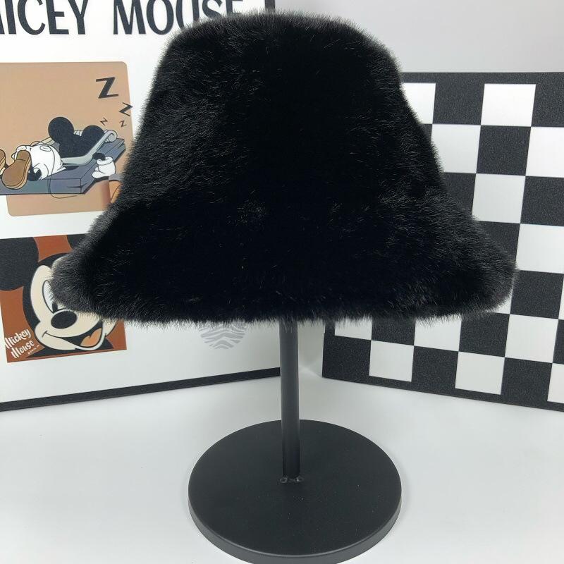 Bucket hat women's autumn and winter thickened warm imitation mink hair big head circumference shows small face holiday style fashionable versatile p