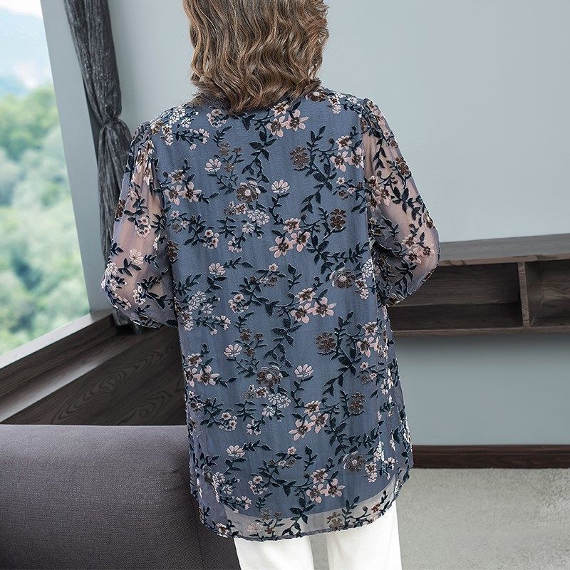 Vintage Elegant Printed Chic Hollow Out Chiffon Midi Blouse Female Clothing Spring Summer 3/4 Sleeve Casual Button V-Neck Shirt