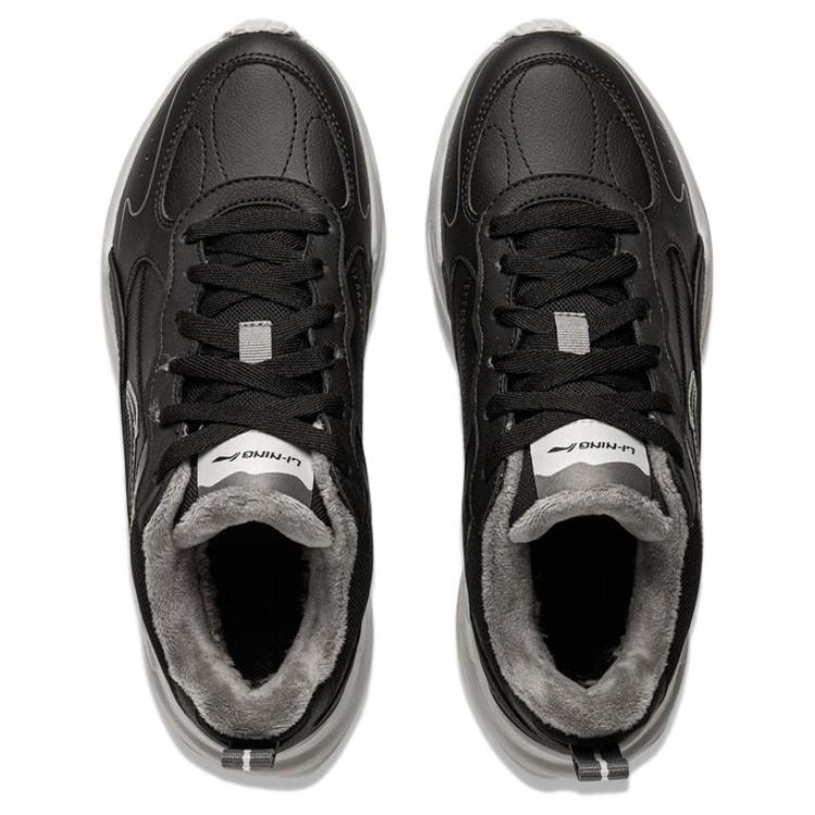 Li Ning Defender Fleece Comfortable Versatile Wear-Resistant Shock Absorbing Warm Low-Top Casual Shoes Women sneaker Black AGLU102-1