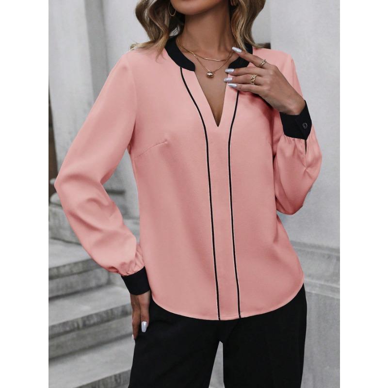 Womens V Neck Long Sleeve Contrast Color Blouse