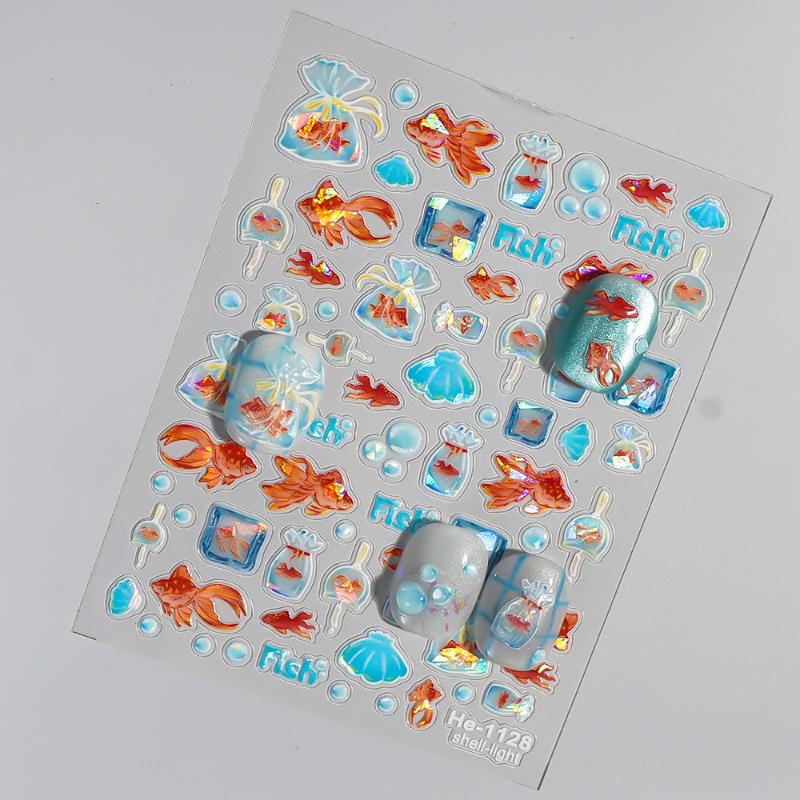 Shiny Goldfish Plastic Bag Seahorses Summer Jellyfish Starfish Shell Conch Koi Water Bubble Star Carp Nail Art Stickers Decals