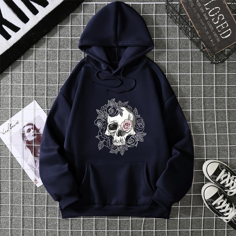 Autumn Winter Couple Style Sunflower Skull Print Hoodie Men Women Casual Simple Top Streetwear Sleeve Decorated Hoodie