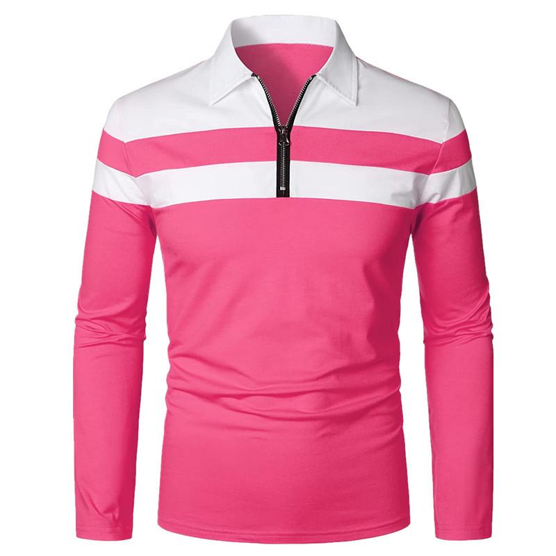 Męskie koszulki polo z długim rękawem w paski, z zamkiem 1/4, bawełniane, patchworkowe, z kołnierzykiem, casualowe, modne, pulower, slim fit, koszulka golfowa