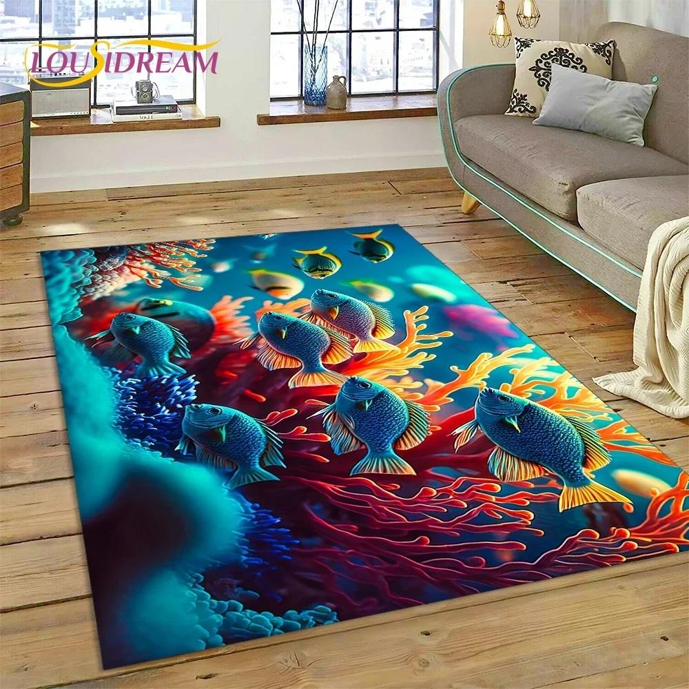 Tappeto Moquette 3D Mondo Sottomarino Fondale Marino Delfino Cartone Animato per Camera da Letto Soggiorno Decorazione Casa Divano, Bambino Grande Decor Tappetino Pavimento