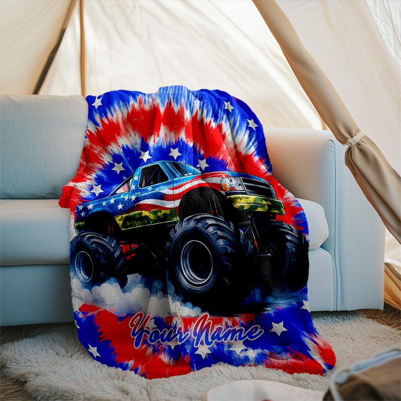 1PC Custom Name American Flag Monster Truck Outdooor Flannel Blankets Patterns Throw Blanket All-Season Soft Gift for Couch, Bed, Camping Gifts