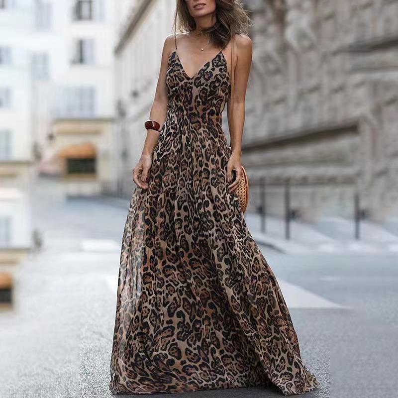 Leopard Print V-Neck Summer Backless Dress