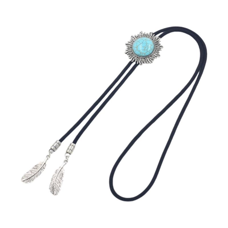 Ковбойский галстук-боло Шнурок плетеный ожерелье с металлическим подвесом Солнце Бирюзовый камень Перо Украшение Цепочка на воротник рубашки