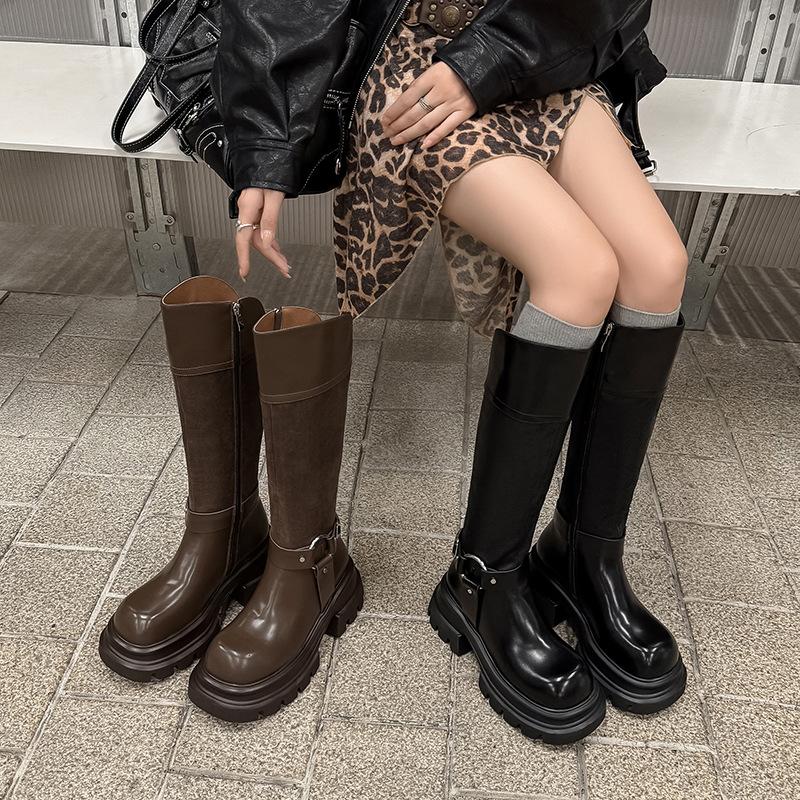 6CM British style fashion thick-soled high boots 2025 autumn and winter new round head thick heel but knee knight boots