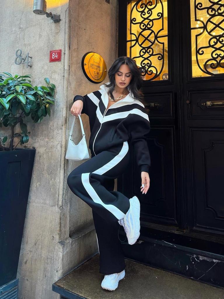 2026 Modisches Colorblock Reißverschluss Hoodie und Jogginghose Set Damen Lässig Sportlich Trainingsanzug 2-teiliges Outfit