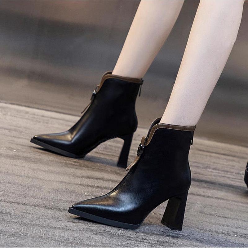 Fashion FHC 2024 Leder Stiefeletten mit hohem Absatz, Damen Kurze Stiefel, Winterschuhe, Spitz zulaufende Stiefeletten, Reißverschluss hinten, Beige, Schwarz, 35-39, Dropship