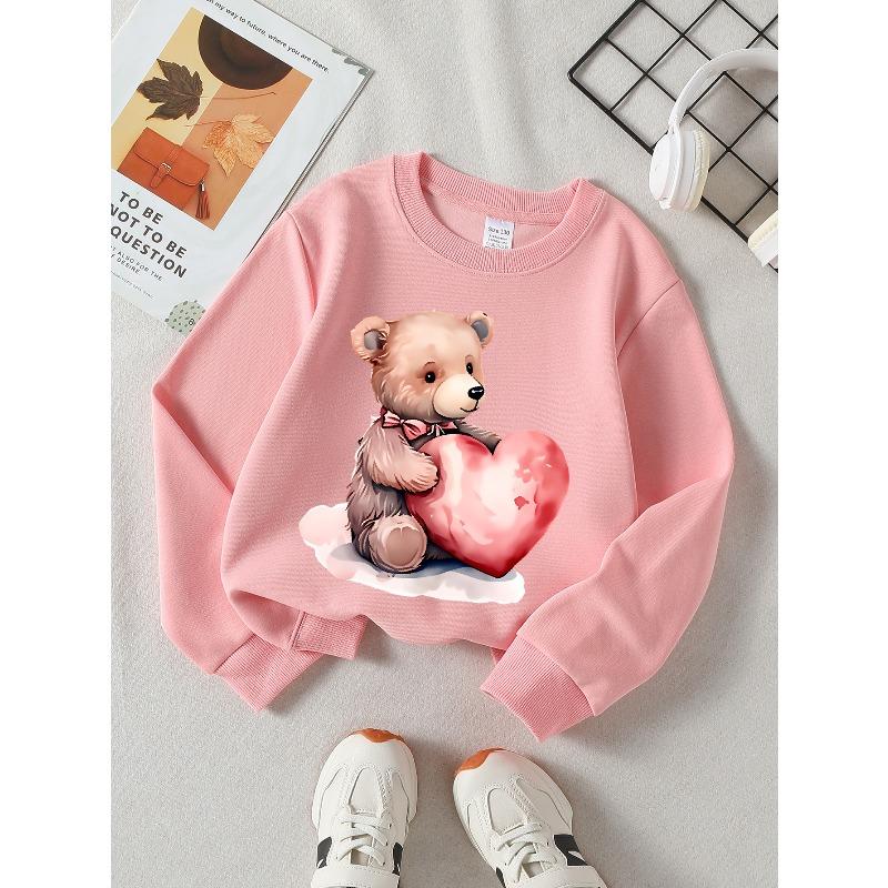 Girls' Crewneck Sweatshirt Cute Bear Holding Pink Heart Machine Washable, Spring And Autumn, Sportswear And Casual Wear