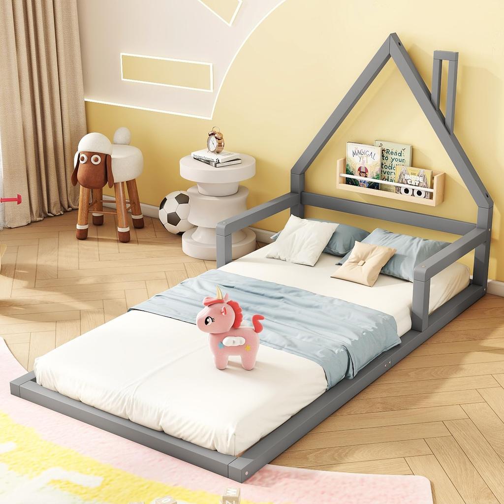 Kinderbett 90x200cm, Lattenrost, Kiefernholz+MDF, Hausform, minimalistisches Styling, Erwachsene/Jugend, Ohne Matratze