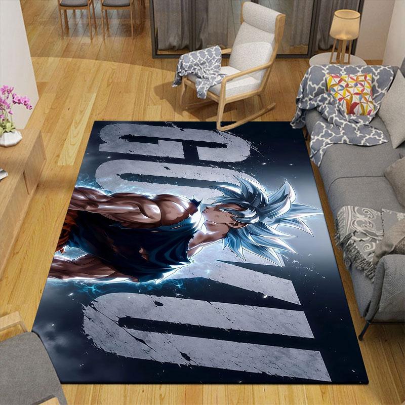 Son Goku Flannel Printed Carpet, Home Sofa Decoration for Living Room & Bedroom, Non‑Slip Play Flannel Floor Mat for Game Room