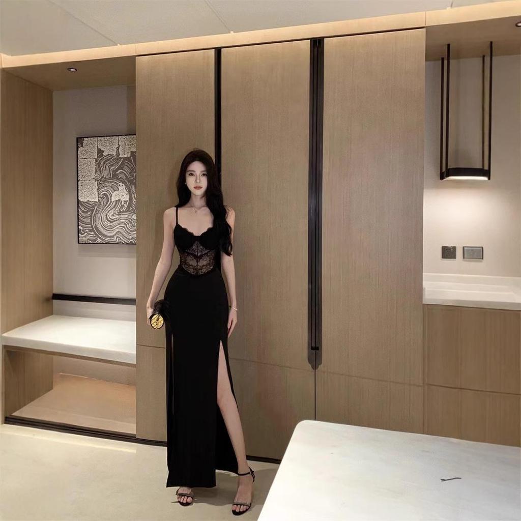 Women's Black Lace Patchwork Spaghetti Strap Sexy Bodycon Slit Evening Dress with Breast Pads