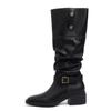 Women's Cowhide Retro Thick-Soled Over-the-Knee Western Boots with Two-Way Belt Buckle and Stacked Heels