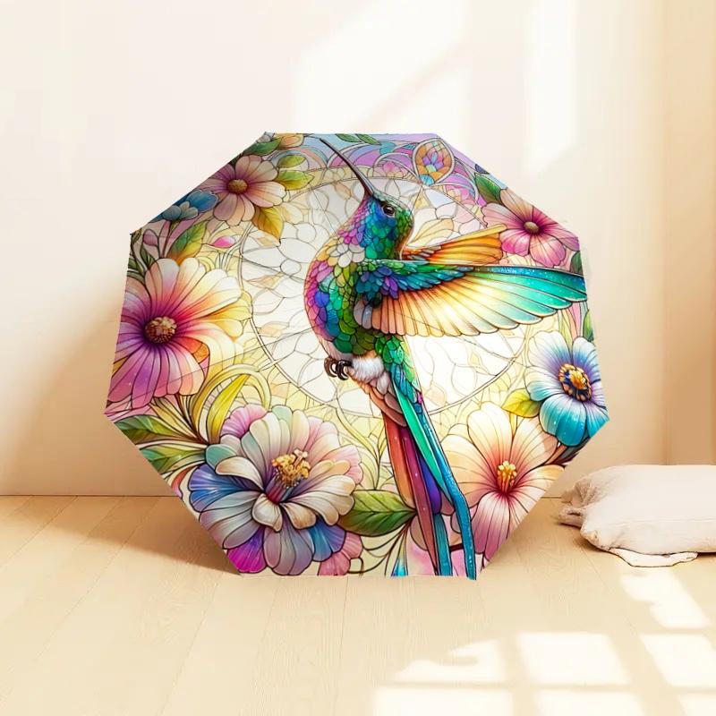 Stained Hummingbird Floral Pattern Automatic Folding Umbrella - Portable 3-Fold Design with Iron Frame, Perfect for Outdoor Use, Festive Gif