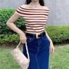 Jesienny Francuski Retro Pasiasty Top Bez Rękawów Odkrywający Ramiona Modelujący Sylwetkę