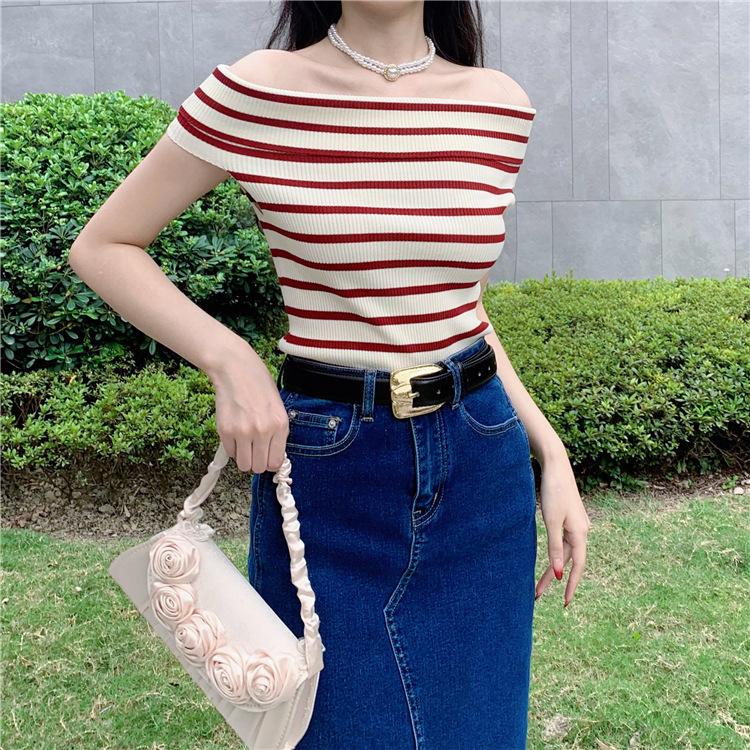 Autumn French Retro Striped Off-Shoulder Slimming Tank Top Medium