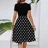 Women's Casual Fashion Belted Dot Printed Short Sleeve Round Neck Elegant Flowing Dress