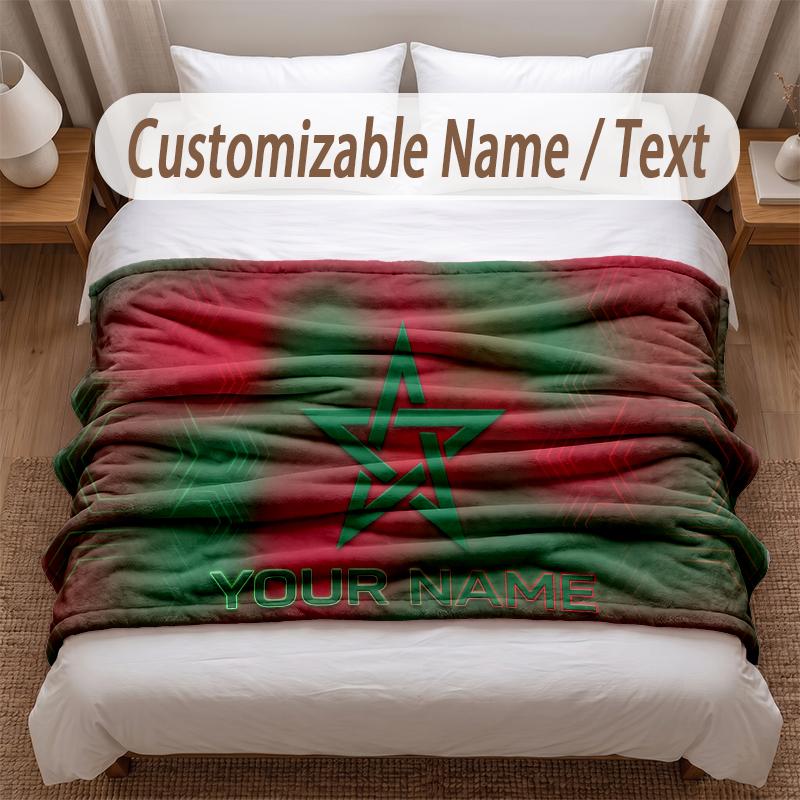 Morocco Football Printed Flannel Blanket Custom Name Text Soft Warm Throw For Bedroom Holiday Gift