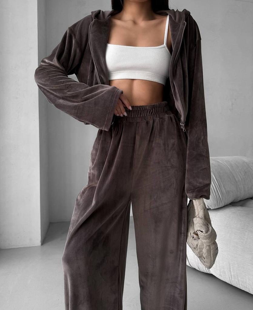 European and American style velvet hooded suit women's short jacket high waist wide leg pants relaxation casual two-piece suit women