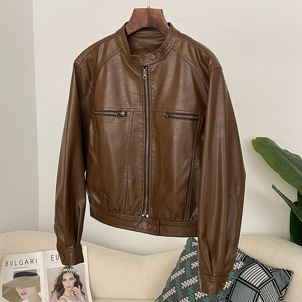 OFTBUY Women Vintage Loose Pu Faux Leather Short Jacket Pockets Motorcycle Jacket Female Zipper Retro Moto Biker Coat Outwear Tops