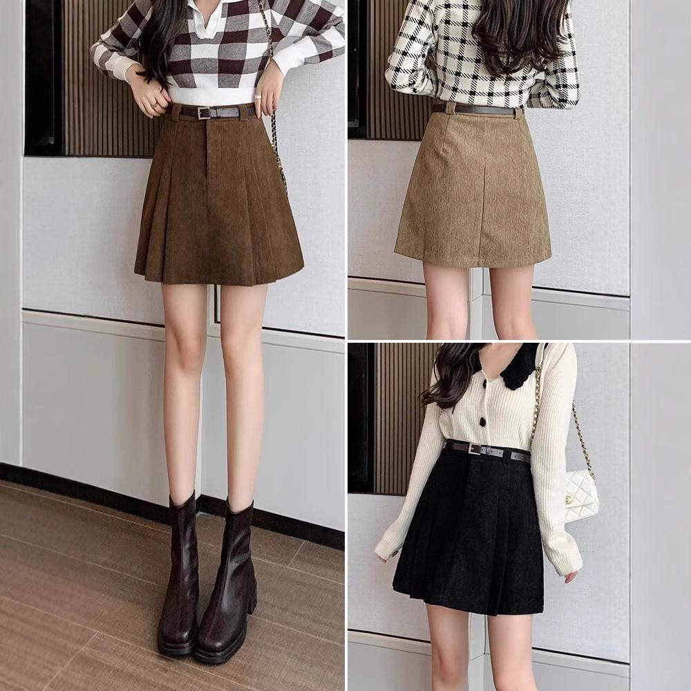 

2024 Women s High Waist Corduroy A-Line Pleated Mini Skirt - Autumn/Winter Retro Anti-Exposure S [recommended 81-90 lbs]