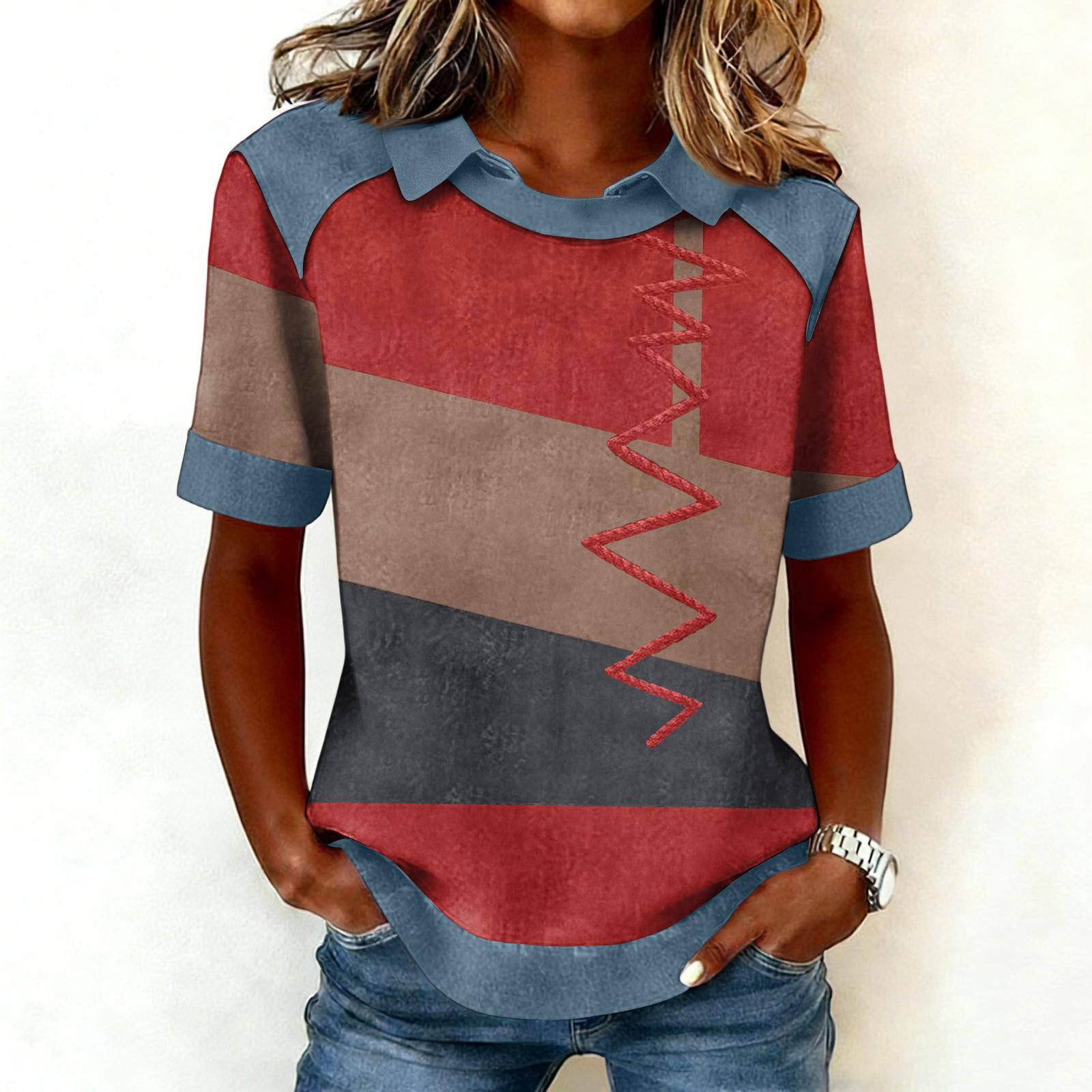 

Women s Fashion Collar Cowboy Splicing Sweatshirt Casual Printed Hoodie Short Sleeve Shirt Top XL винний
