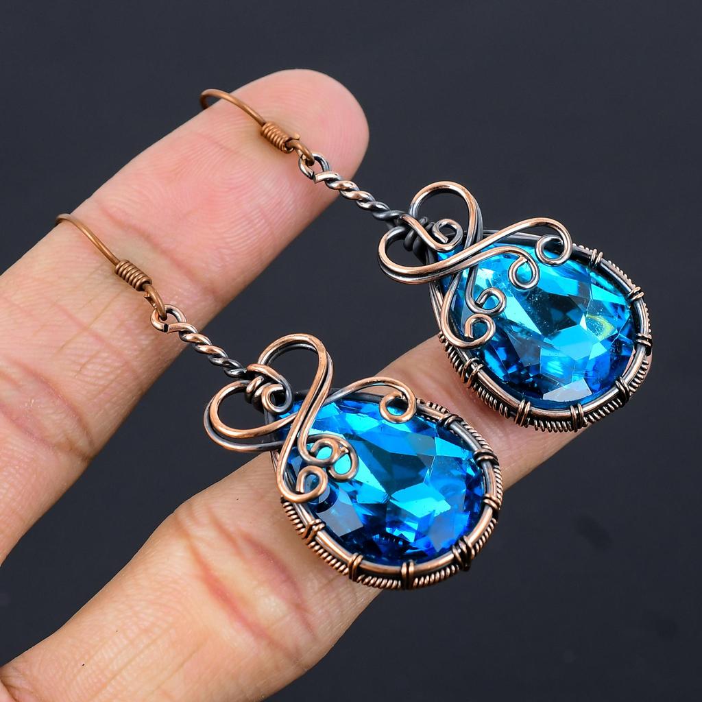 Blue Topaz Earrings, 999 Copper Wire Wrapped Gemstone Jewelry, Handmade Earrings, For Thanksgiving