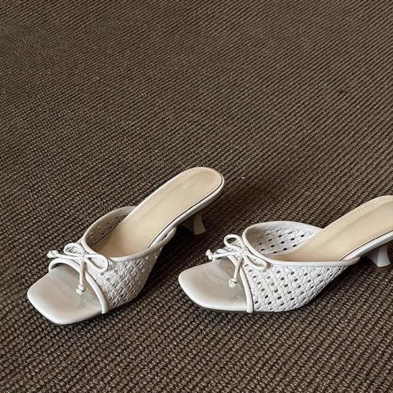2025 New Summer Women Square Toe High Heel Slippers Fashion Butterfly-knot Dress Slide Ladies Evening Party Sandalias