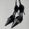 Schwarze spitze High Heels mittlerer Absatz Frühling und Sommer dünner Absatz Einzelne Schuhe Damen Metall Schnalle Riemchen Sandalen