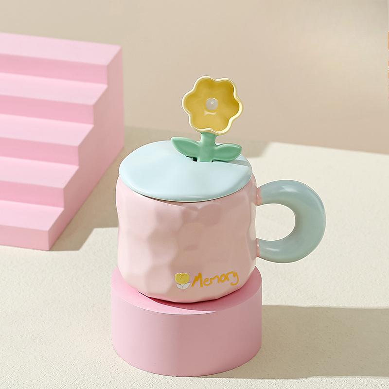 Underglaze Ribbon Cover Flower Spoon Ceramic Cup Mid Autumn Festival Business Gift Cup High Looking Macaron Girls Gift