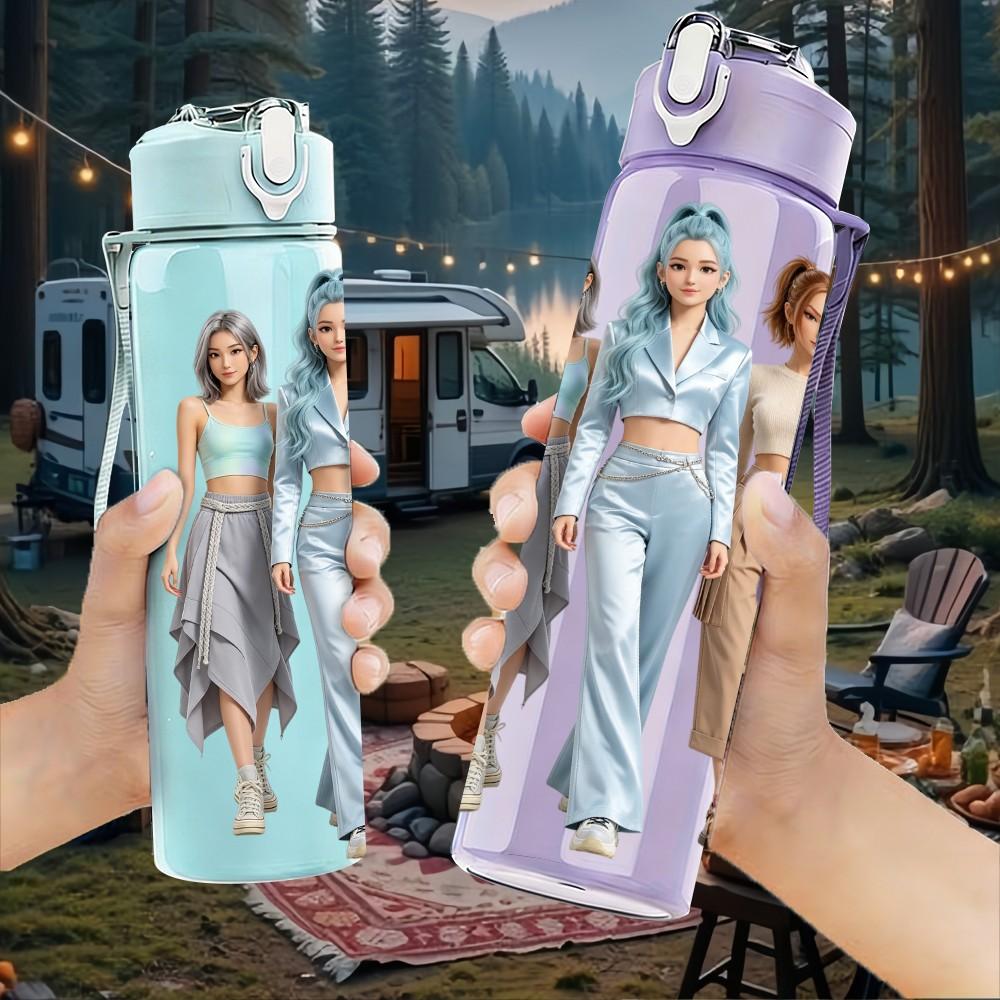 1PC Two Casual Ladies Walking 750ml Color Plastic Sports Water Bottle Leakproof Flip Straw Lid Suitable for Sports Office Home Use