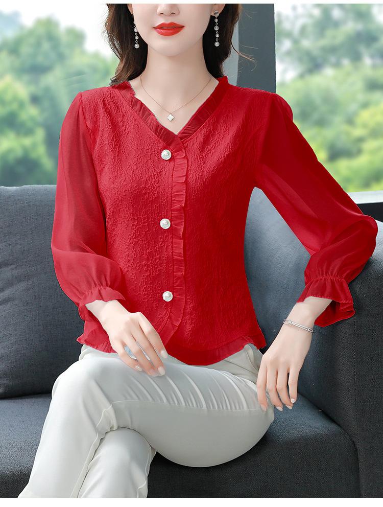 Elegant Ladies Shirts Chiffon Shirt Female Short Small Shirt Spring, Summer and Fall Chic Beautiful Belly-shading Long-sleeved T-shirt Tops