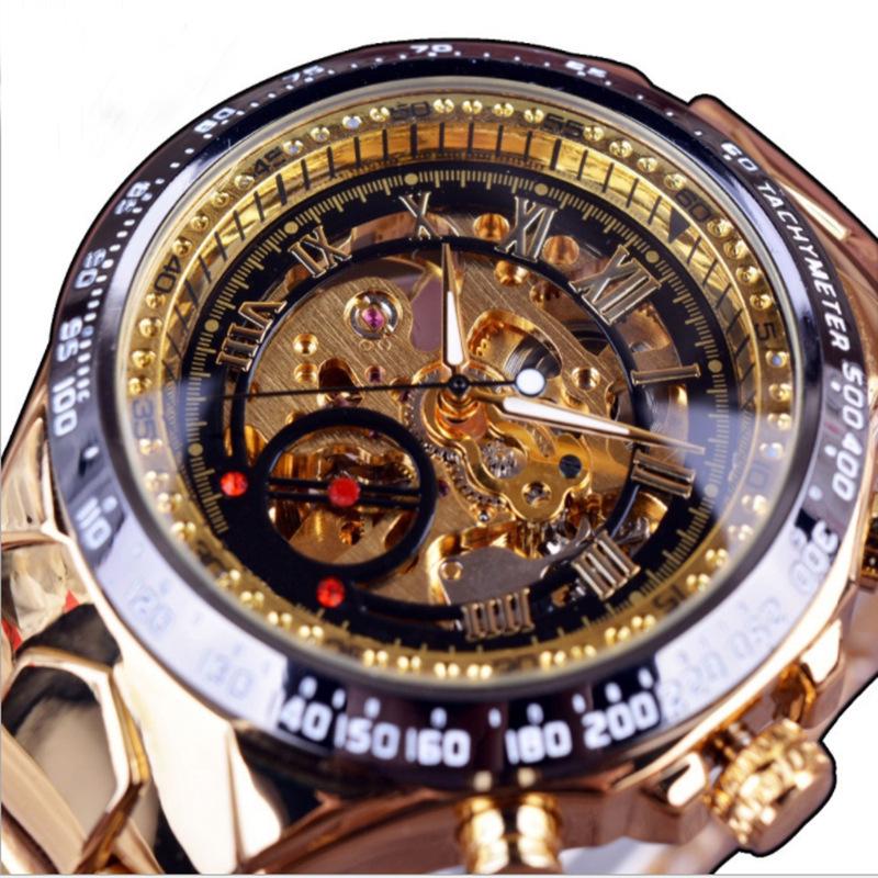 

Men s Gold Steel Band Hollow Mechanical Watch