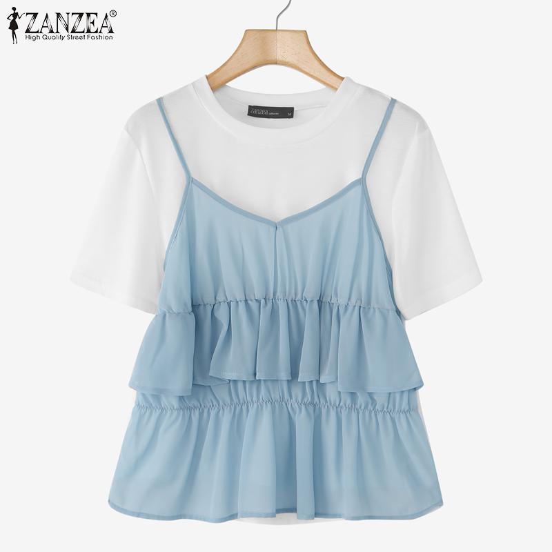 ZANZEA Women Casual Round Neck Summer Patchwork Short Sleeve T-shirt