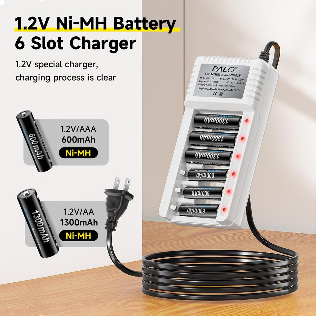 PALO Rechargeable Battery AA 1.2V Ni-MH Batteirse AA(HR6) 1300mAh and AAA(HR03) 600mAh NI-MH 2A/3A Rechargeable Batteries+6-slot charger
