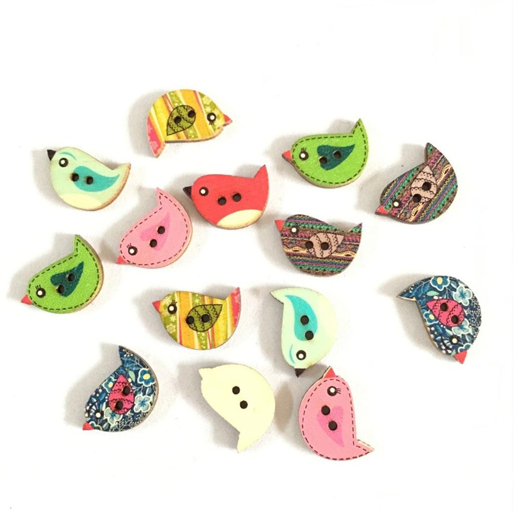 100PCs Mixed Wooden Buttons Cute Bird Pattern Decorati 2 Holes Round Wooden Buttons For Sewing, DIY, Clothing Accessories