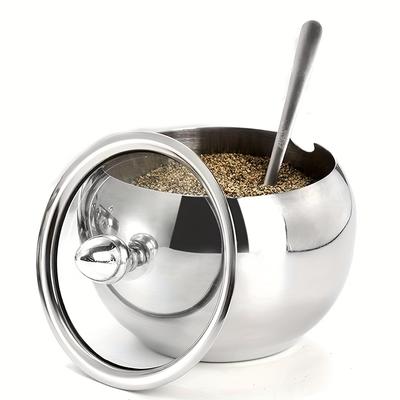 1 pezzo 330ml (10 once) Zuccheriera in Acciaio Inossidabile con Coperchio in Vetro e Cucchiaino - Ideale per Accessori da Caffetteria e Conservazione in Cucina