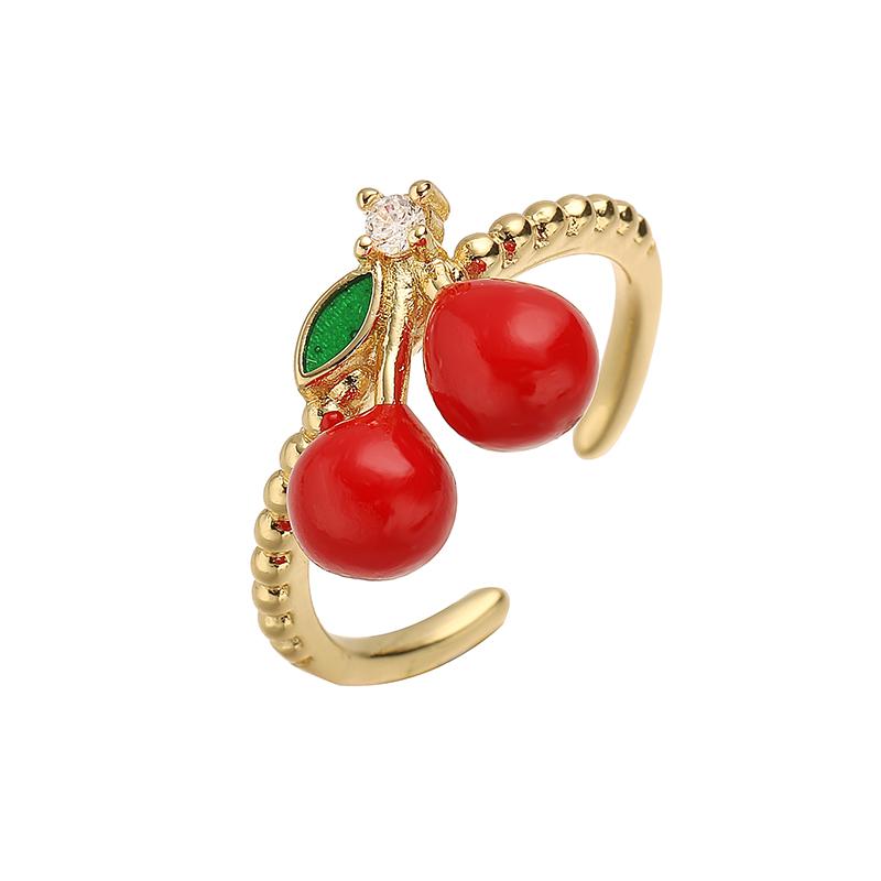 

HECHENG, Sweet and Cute Open Ring with Enamel Drip Oil Red Cherry Strawberry Fruit Ring, Ladies Zircon Gift 1 Piece resizable