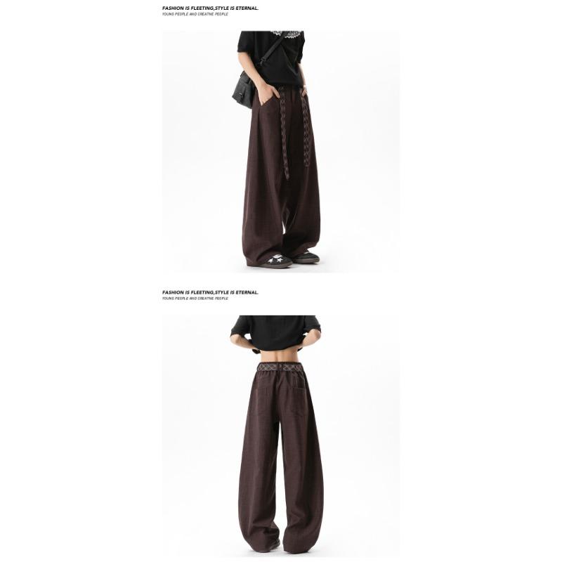 Vintage Contrast Plaid Belted Wide Leg Loose Casual Pants For Men