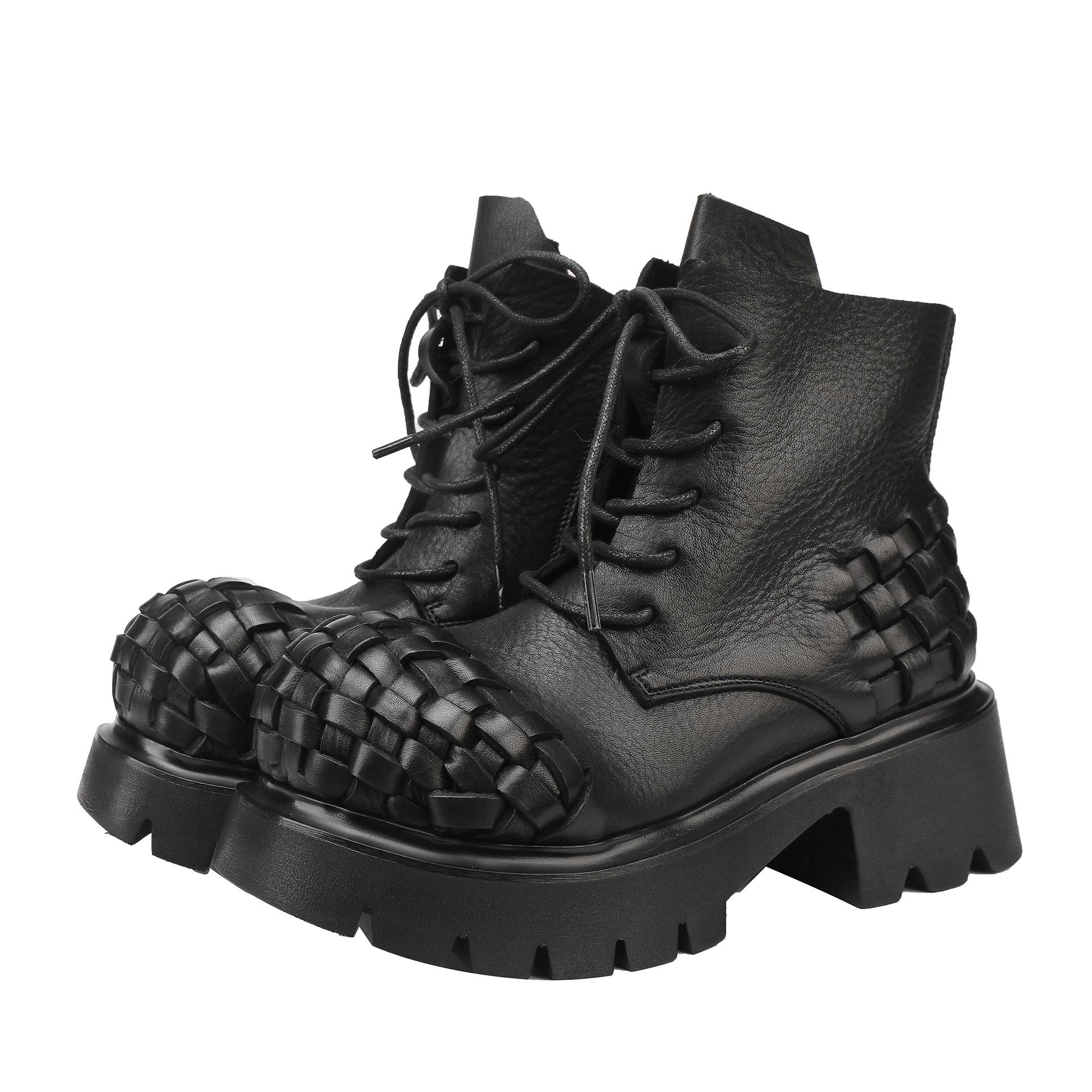 

Fashion GKTINOO 2025 Winter New Retro Genuine Leather Woven Short Boots lace-up Thick Bottom And Thick Heel Women s Boots 35 чёрный