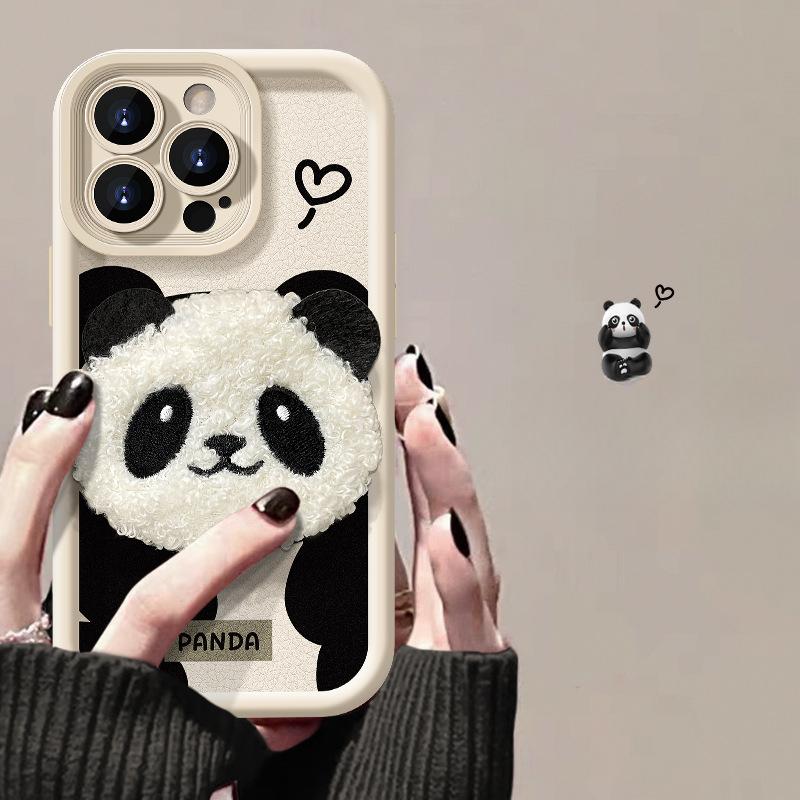 Applicable To Apple 15promax Mobile Phone Case IPhone 13/14 Cute Plush Panda Doll 11/12 Lambskin