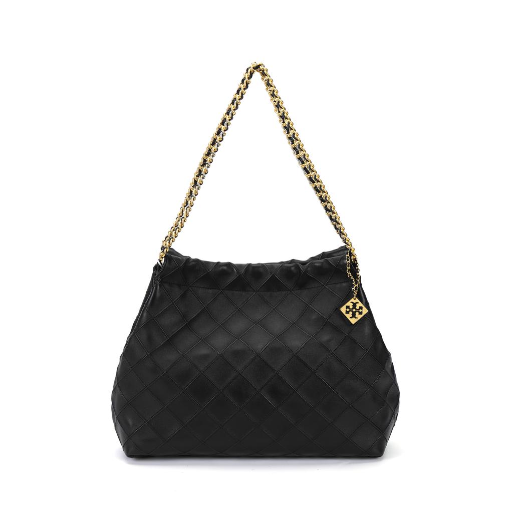 Tory Burch Fleming Solid Plaid Chain Leather Tote Shoulder Bag Large Women Bags Black 154572-001