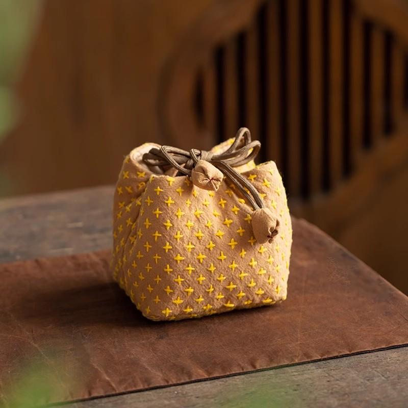 Vintage Chinese Style Stitched Tea Cup Pouch - Thickened Cotton Linen Travel Tea Set Bag for Zisha Teapot, Portable Storage Case