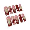 French Style 3D Embossed Nail Tips With Cross Motif Wine Red Design Full Cover Press-On Nails Women